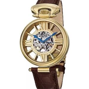 Stuhrling Gold Skeleton Watch with Brown Leather Strap